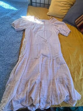 Evereve Light Pink Tiered Cotton Dress with Puff Sleeves